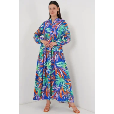 2423 Otantik Desenli Tesettür Elbise - Lacivert 10