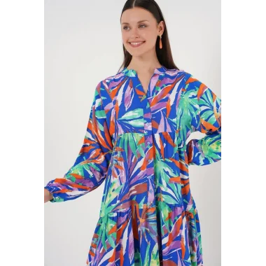 2423 Otantik Desenli Tesettür Elbise - Lacivert 10