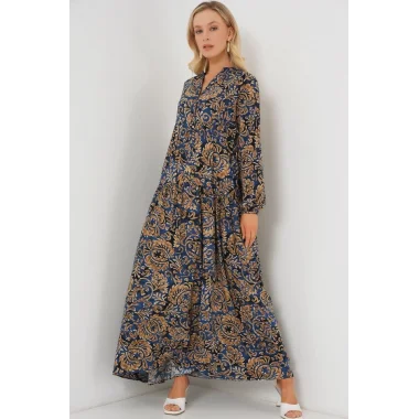 2423 Otantik Desenli Tesettür Elbise - Lacivert 11