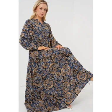 2423 Otantik Desenli Tesettür Elbise - Lacivert 11