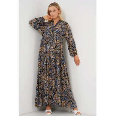 2423 Otantik Desenli Tesettür Elbise - Lacivert 11