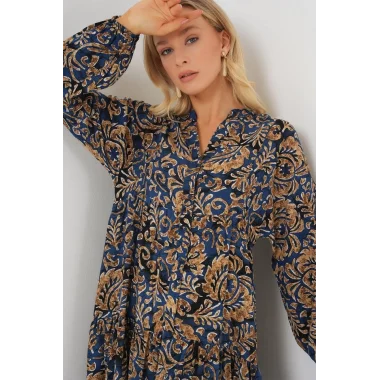 2423 Otantik Desenli Tesettür Elbise - Lacivert 11