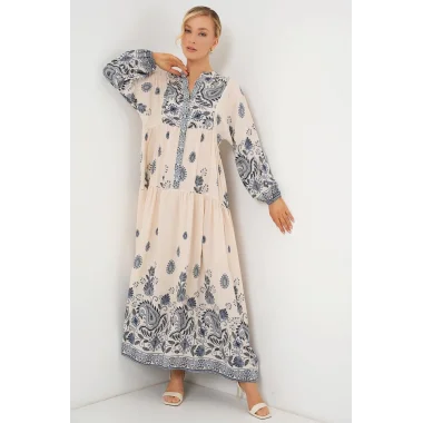 2423 Otantik Desenli Tesettür Elbise - Lacivert 12