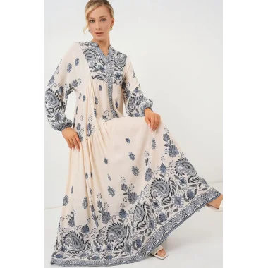 2423 Otantik Desenli Tesettür Elbise - Lacivert 12