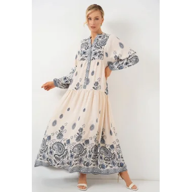 2423 Otantik Desenli Tesettür Elbise - Lacivert 12