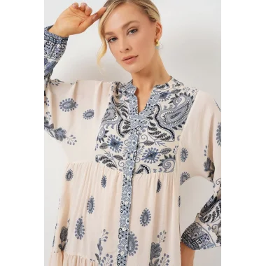 2423 Otantik Desenli Tesettür Elbise - Lacivert 12