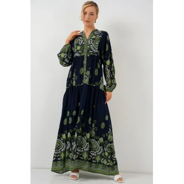 2423 Otantik Desenli Tesettür Elbise - Lacivert 13