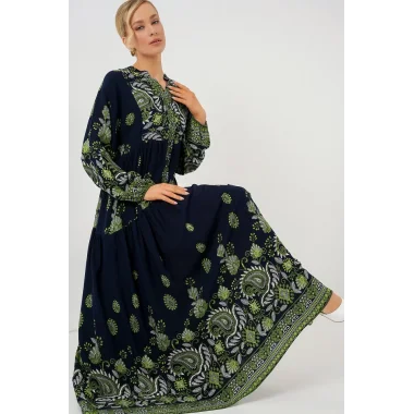 2423 Otantik Desenli Tesettür Elbise - Lacivert 13