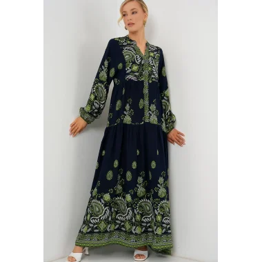 2423 Otantik Desenli Tesettür Elbise - Lacivert 13