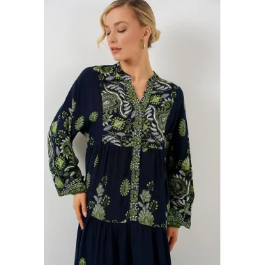 2423 Otantik Desenli Tesettür Elbise - Lacivert 13