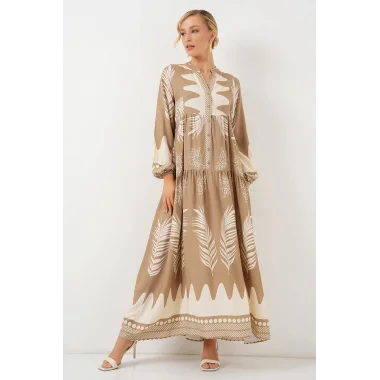 2423 Otantik Desenli Tesettür Elbise - M. Camel