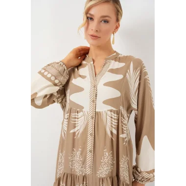 2423 Otantik Desenli Tesettür Elbise - M. Camel