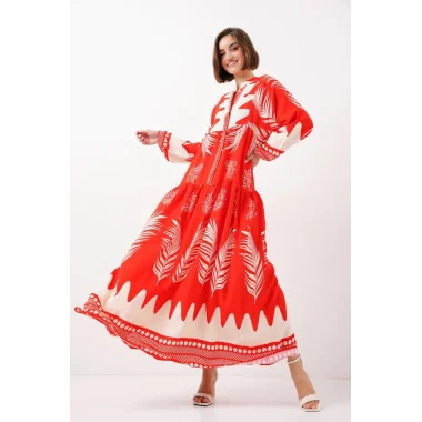 2423 Otantik Desenli Tesettür Elbise - M. Kırmızı