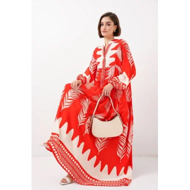 2423 Otantik Desenli Tesettür Elbise - M. Kırmızı