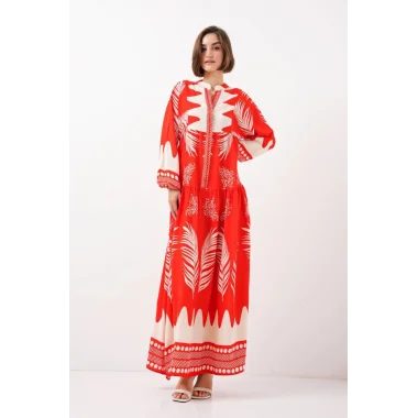 2423 Otantik Desenli Tesettür Elbise - M. Kırmızı