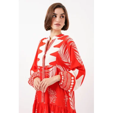 2423 Otantik Desenli Tesettür Elbise - M. Kırmızı