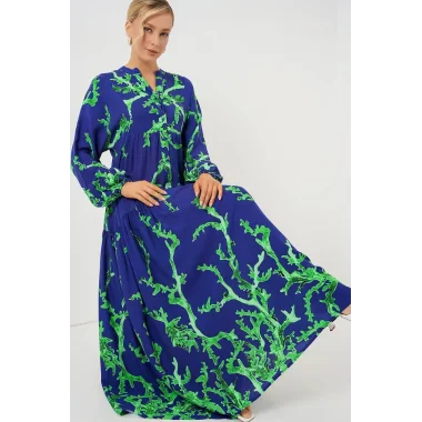 2423 Otantik Desenli Tesettür Elbise - MOR-YEŞİL