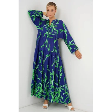 2423 Otantik Desenli Tesettür Elbise - MOR-YEŞİL