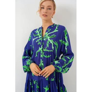 2423 Otantik Desenli Tesettür Elbise - MOR-YEŞİL