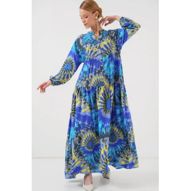 2423 Otantik Desenli Tesettür Elbise - N. Saks