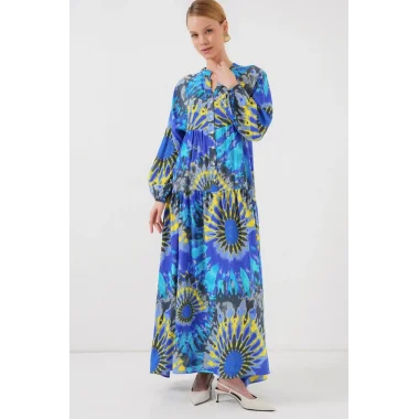 2423 Otantik Desenli Tesettür Elbise - N. Saks