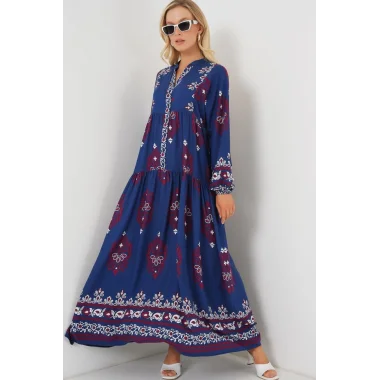 2423 Otantik Desenli Tesettür Elbise - Petrol 1