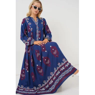 2423 Otantik Desenli Tesettür Elbise - Petrol 1