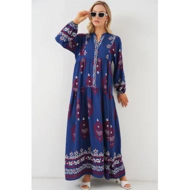 2423 Otantik Desenli Tesettür Elbise - Petrol 1