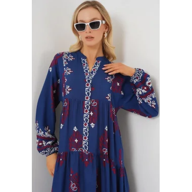 2423 Otantik Desenli Tesettür Elbise - Petrol 1