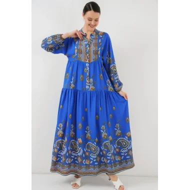 2423 Otantik Desenli Tesettür Elbise - Saks 1