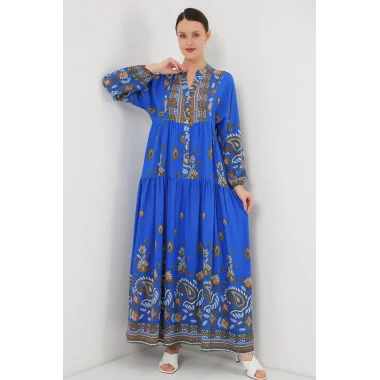 2423 Otantik Desenli Tesettür Elbise - Saks 1