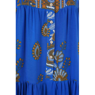 2423 Otantik Desenli Tesettür Elbise - Saks 1