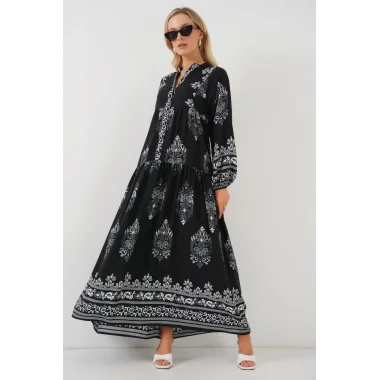 2423 Otantik Desenli Tesettür Elbise - Siyah 11