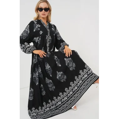 2423 Otantik Desenli Tesettür Elbise - Siyah 11