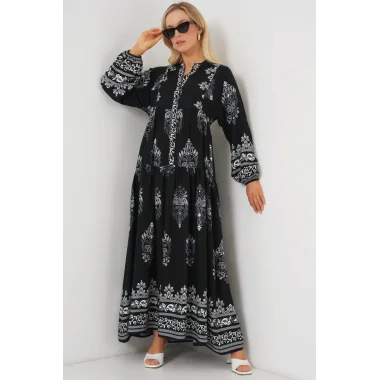 2423 Otantik Desenli Tesettür Elbise - Siyah 11