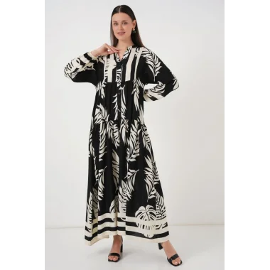 2423 Otantik Desenli Tesettür Elbise - Siyah 12