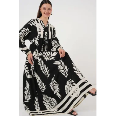 2423 Otantik Desenli Tesettür Elbise - Siyah 12