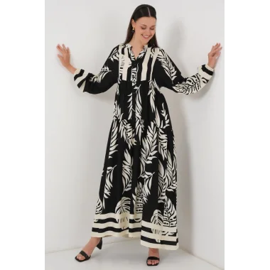 2423 Otantik Desenli Tesettür Elbise - Siyah 12