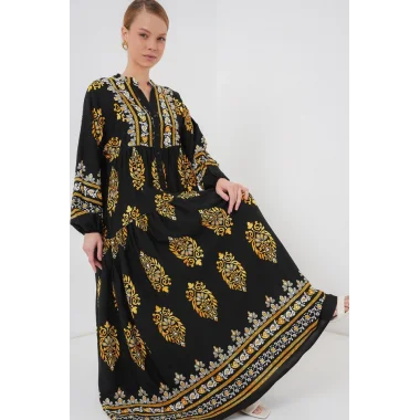 2423 Otantik Desenli Tesettür Elbise - Siyah 6