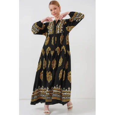 2423 Otantik Desenli Tesettür Elbise - Siyah 6