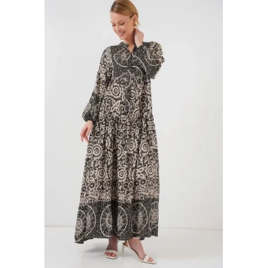 2423 Otantik Desenli Tesettür Elbise - Siyah 9