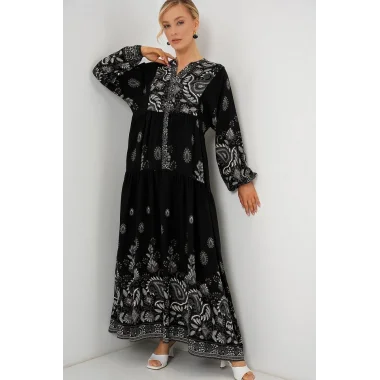 2423 Otantik Desenli Tesettür Elbise - Siyah - Beyaz 1