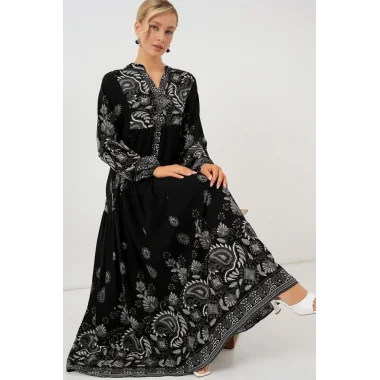 2423 Otantik Desenli Tesettür Elbise - Siyah - Beyaz 1