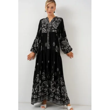 2423 Otantik Desenli Tesettür Elbise - Siyah - Beyaz 1