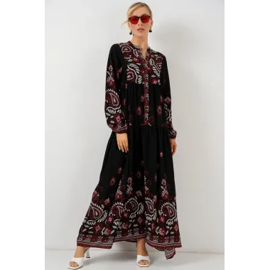 2423 Otantik Desenli Tesettür Elbise - Siyah - Bordo