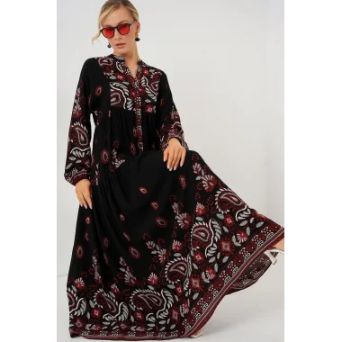 2423 Otantik Desenli Tesettür Elbise - Siyah - Bordo