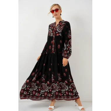 2423 Otantik Desenli Tesettür Elbise - Siyah - Bordo