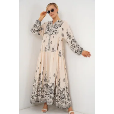 2423 Otantik Desenli Tesettür Elbise - Siyah - Krem