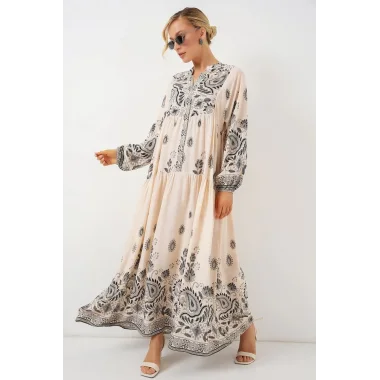 2423 Otantik Desenli Tesettür Elbise - Siyah - Krem