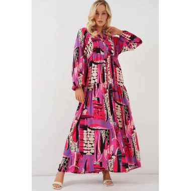 2423 Otantik Desenli Tesettür Elbise - Siyah - Mor